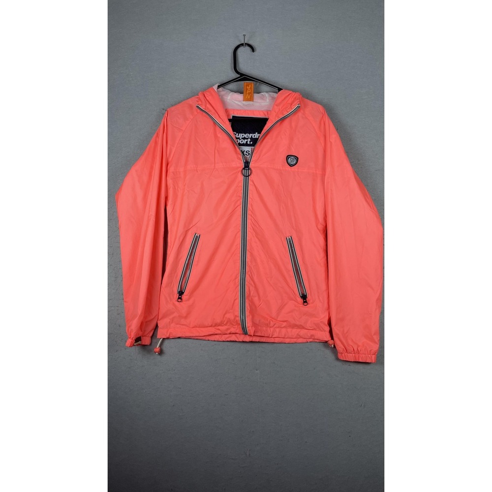 Superdry Sport Jacket Womens XS Coral Hooded Windbreaker Full Zip Mesh Lined‎